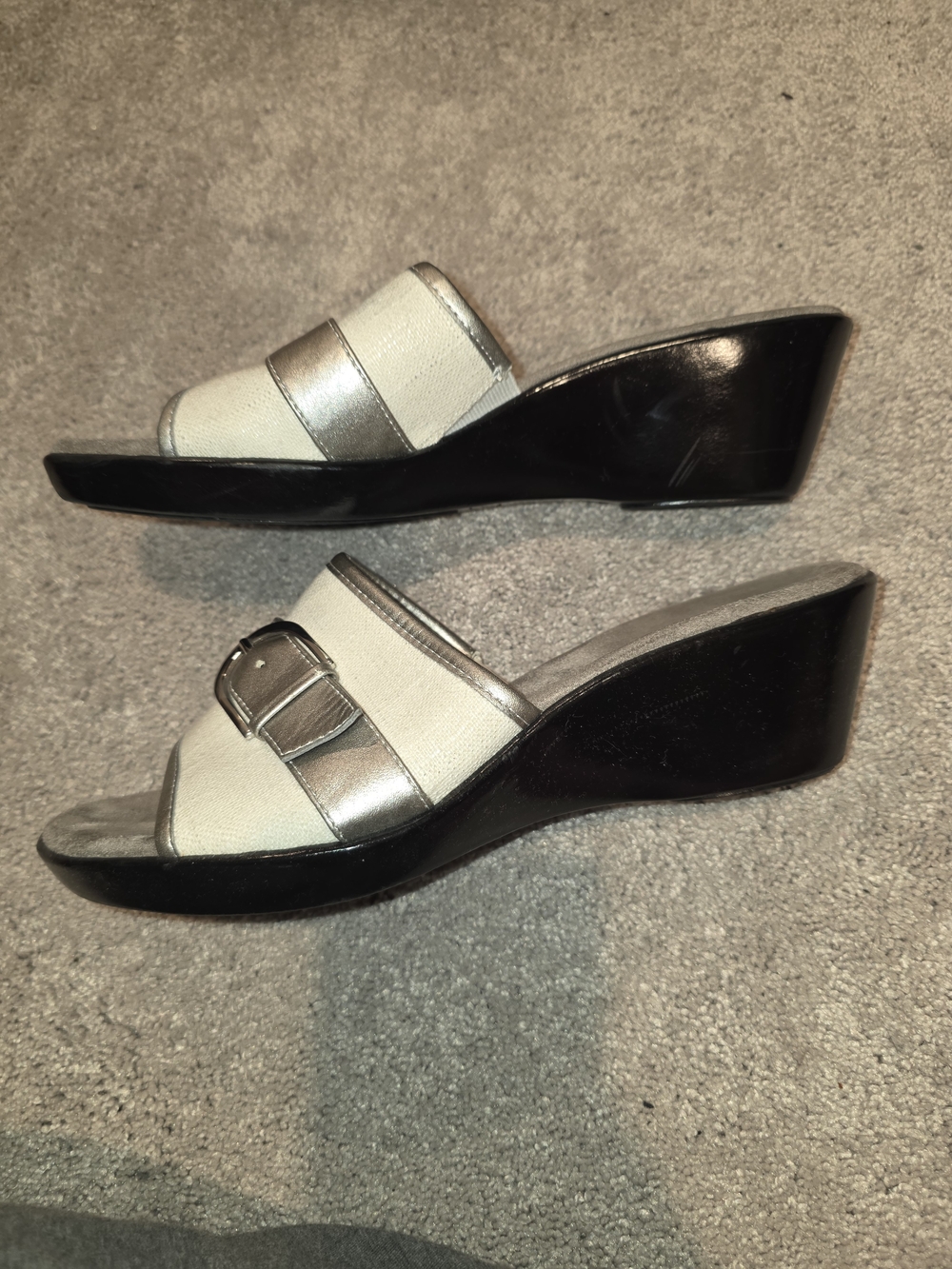 AEROSOLES Cream and Silver Wedge Slide Sandals